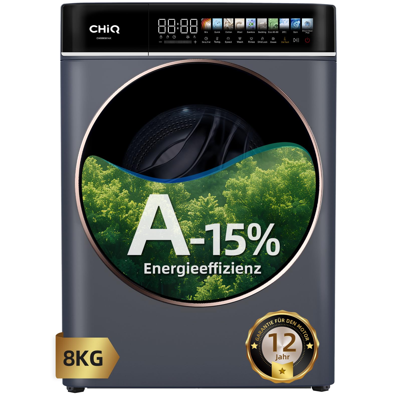 71U1jGQBBhL CHiQ Waschmaschine 8 kg Frontlader, A-15% Energieeffizienz, 1400 U/min, LED-Touchscreen, Dampfwäsche – Bild 1
